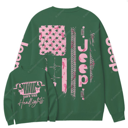Pink Jeep Save the Headlights Ribbon Breast Cancer Awareness Women Crew Neck Sweatshirt