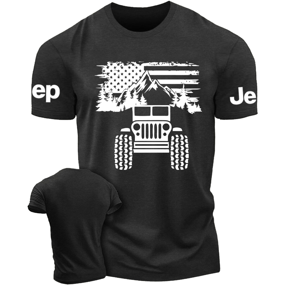 USA Flag Mountains Forest With Jp Car T-Shirt