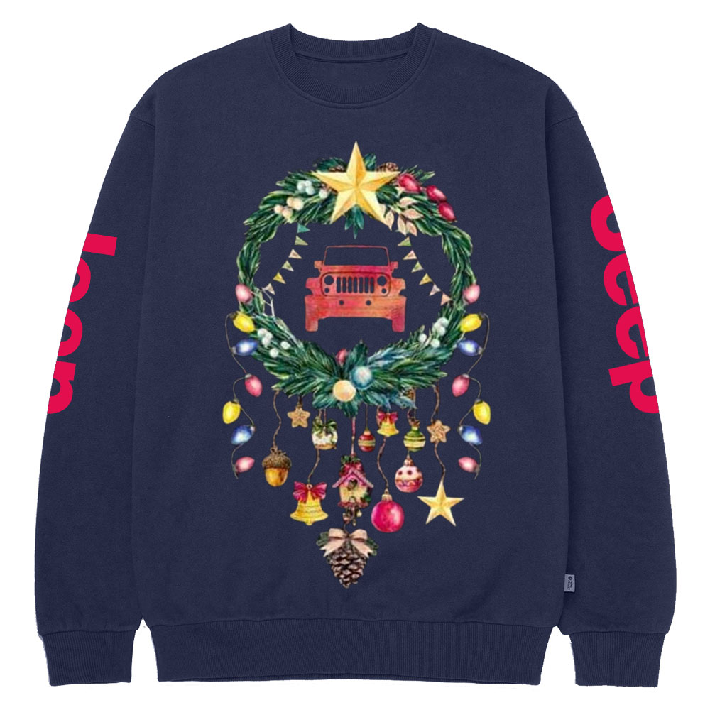 Happy Christmas Jp Car Wreathe Crew Neck Sweatshirt
