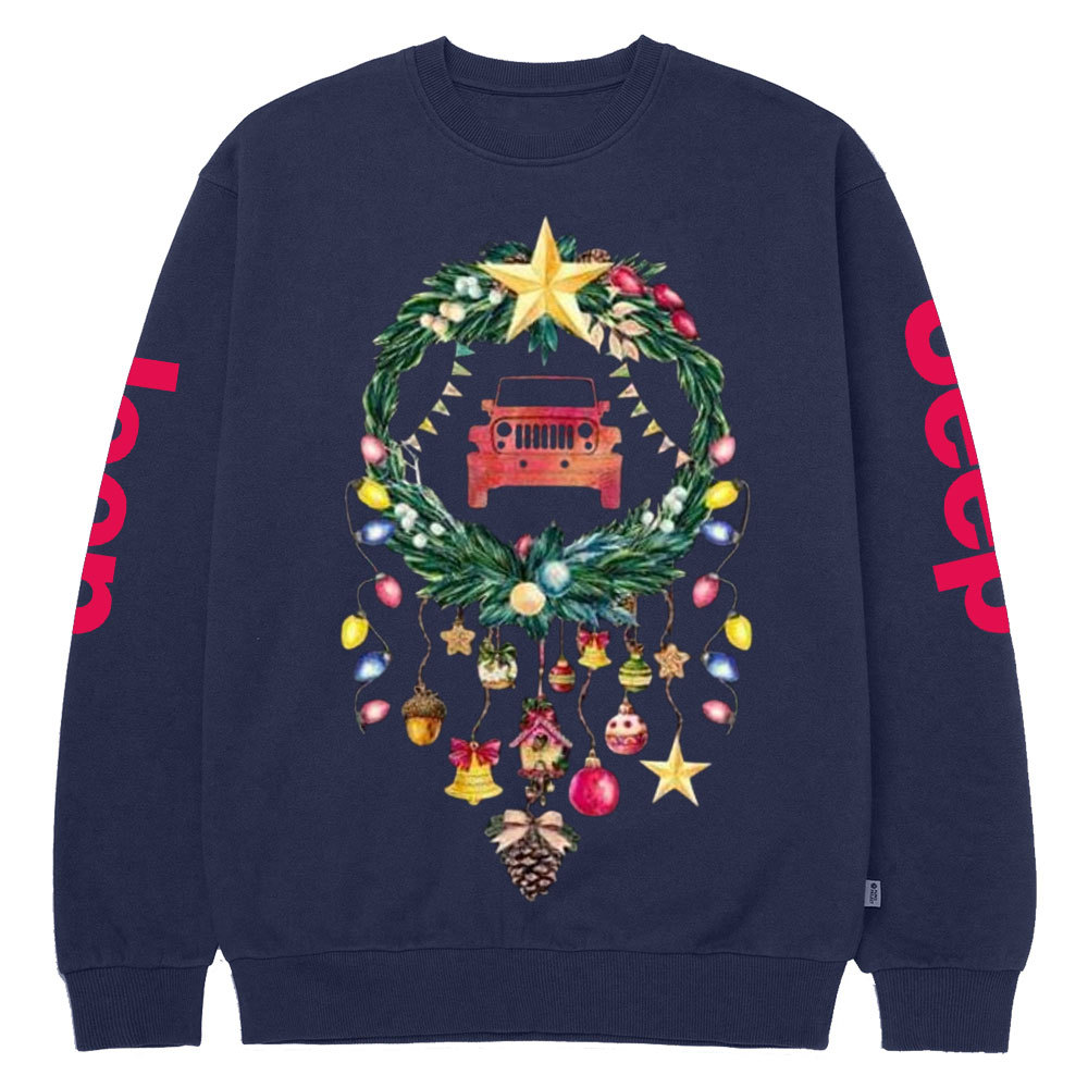 Happy Christmas Jp Car Wreathe Crew Neck Sweatshirt