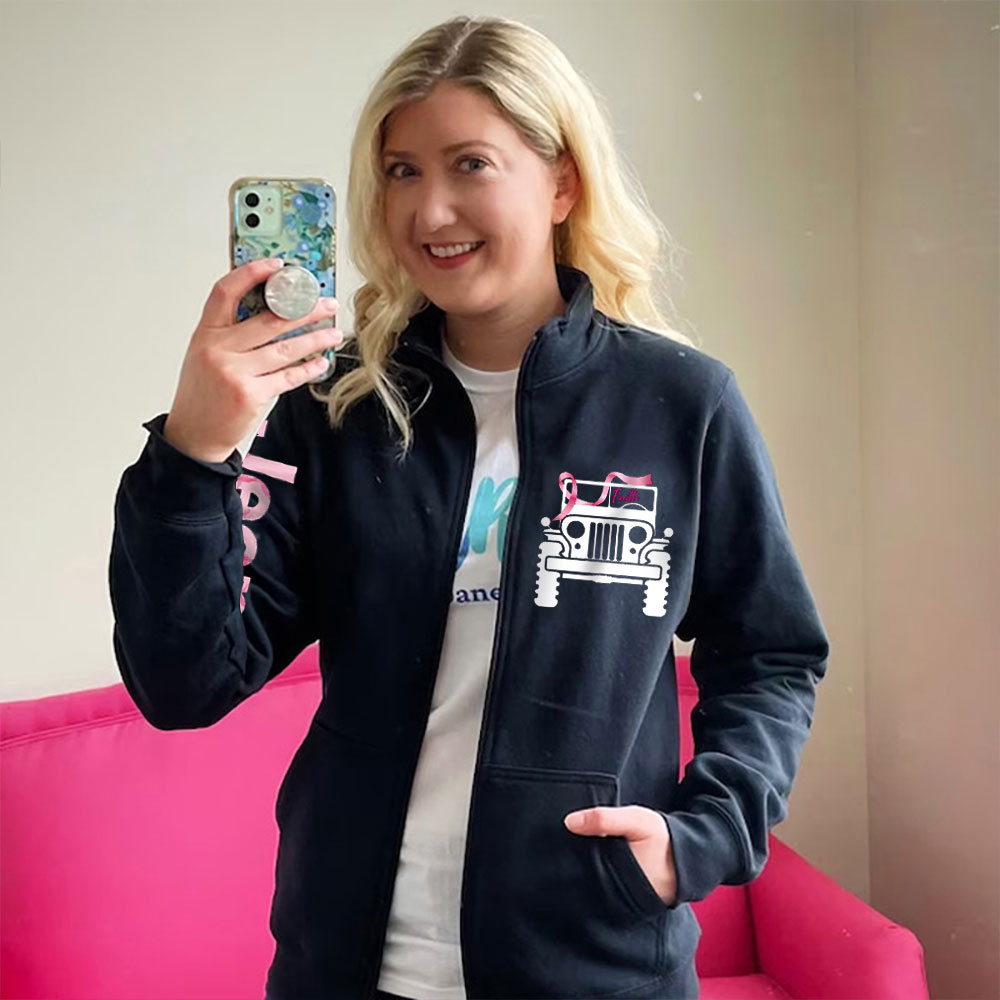 Faith Pink Ribbon Inspirational Breast Cancer Awareness Full-Zip Jacket Sweatshirt