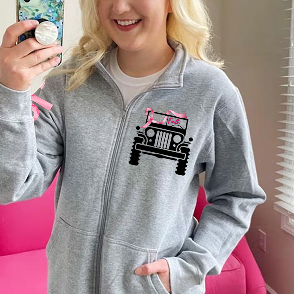 Faith Pink Ribbon Inspirational Breast Cancer Awareness Full-Zip Jacket Sweatshirt