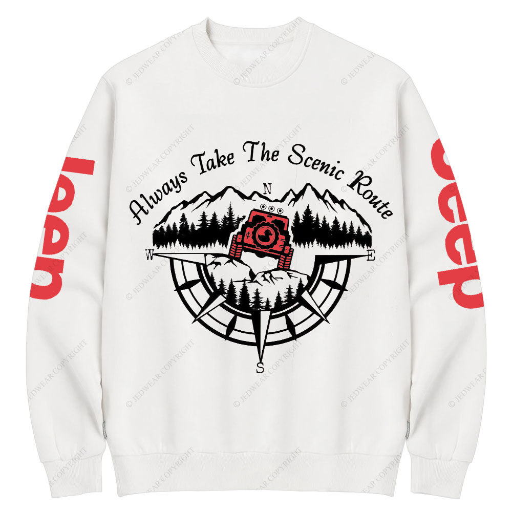 Always Take The Scenic Route Compass Mountains Jp Crew Neck Sweatshirt