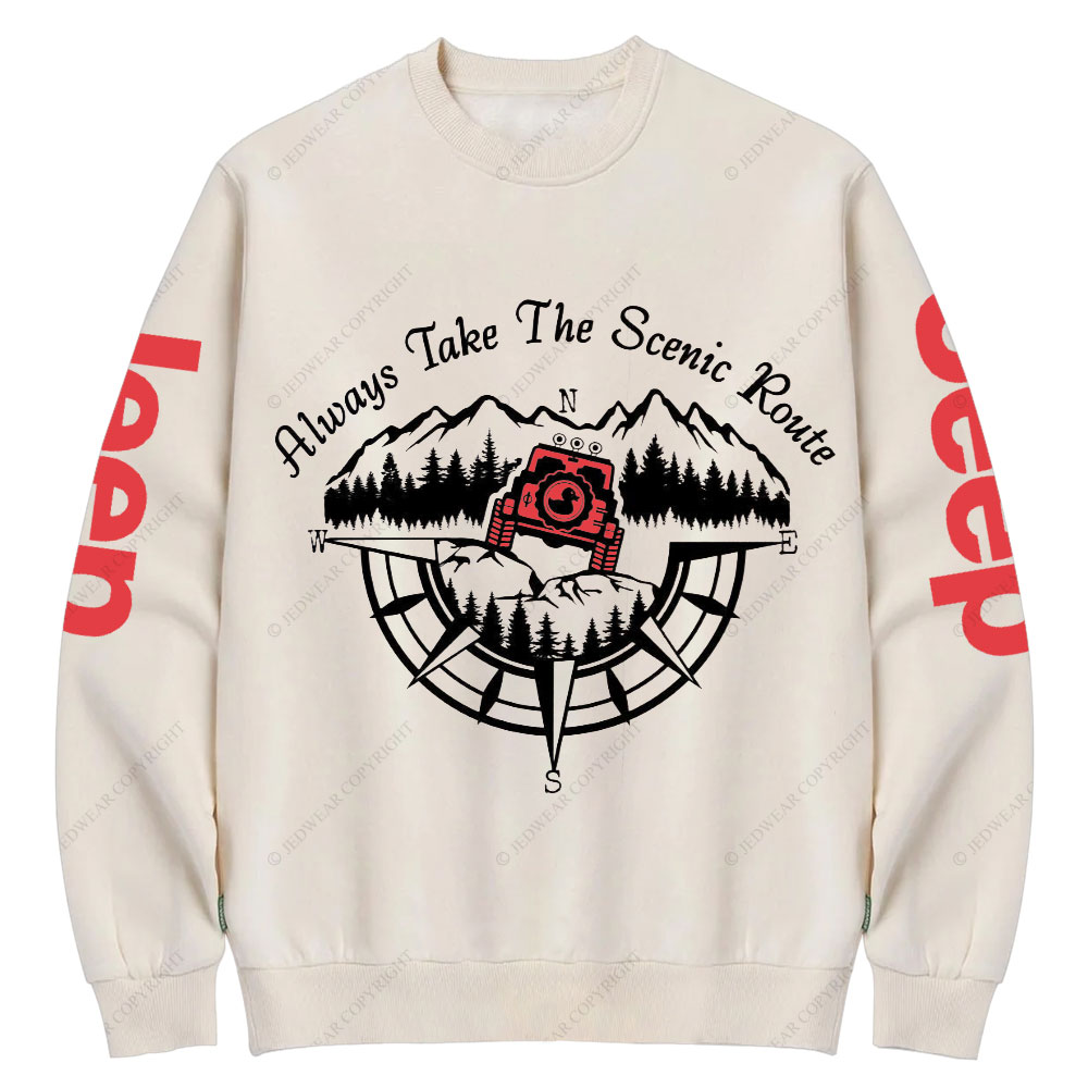 Always Take The Scenic Route Compass Mountains Jp Crew Neck Sweatshirt