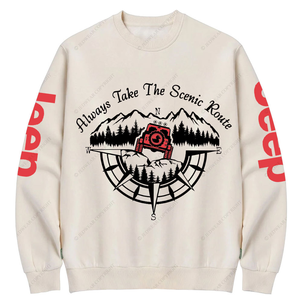 Always Take The Scenic Route Compass Mountains Jp Crew Neck Sweatshirt