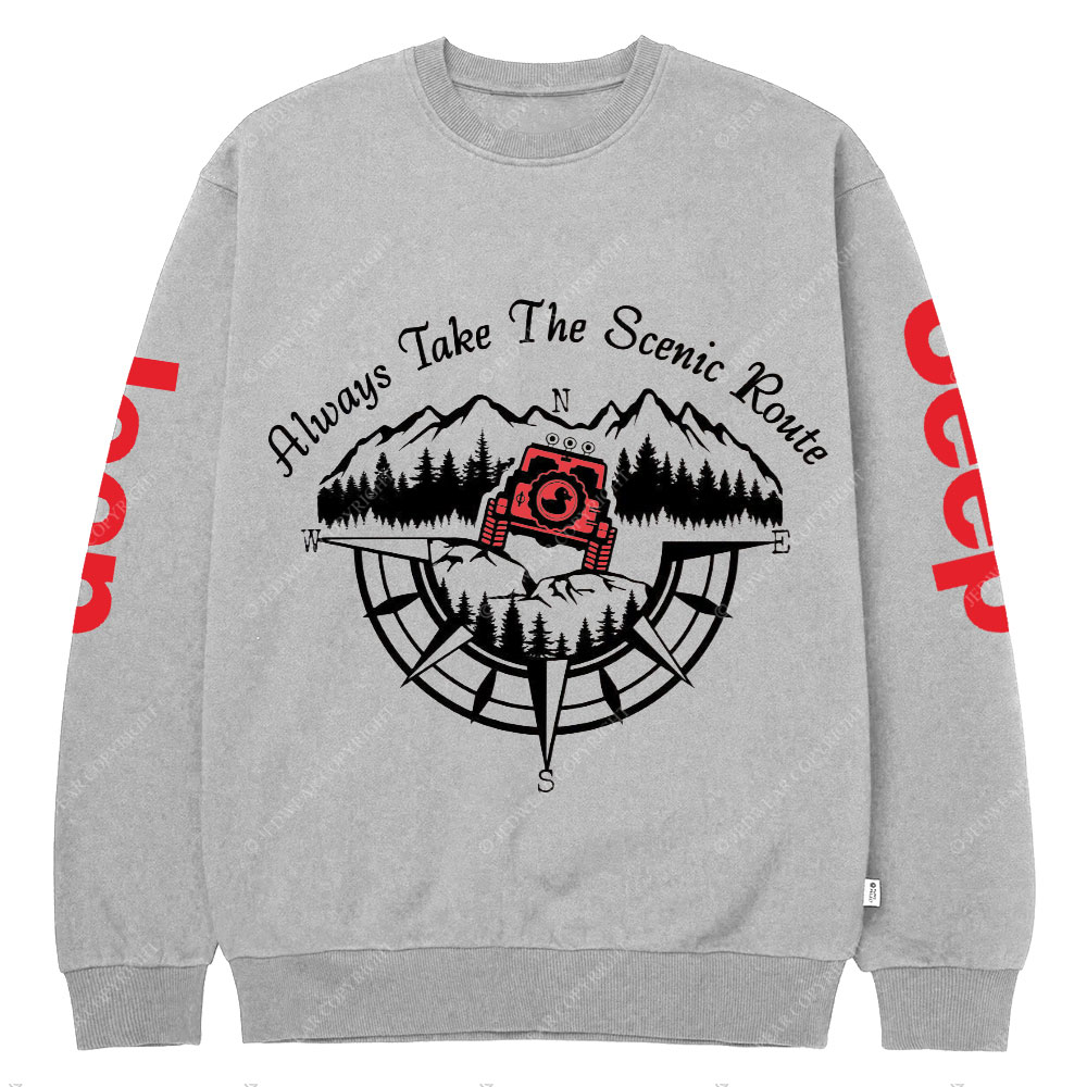Always Take The Scenic Route Compass Mountains Jp Crew Neck Sweatshirt
