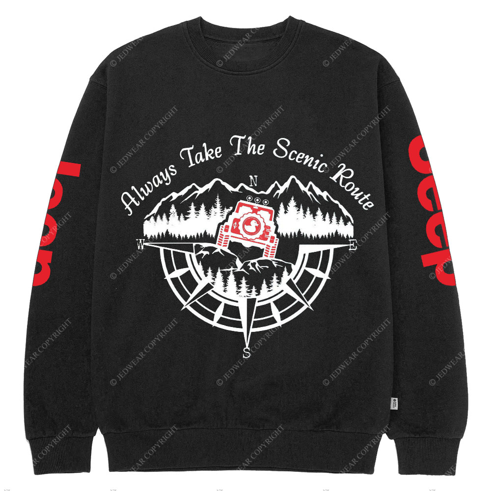 Always Take The Scenic Route Compass Mountains Jp Crew Neck Sweatshirt