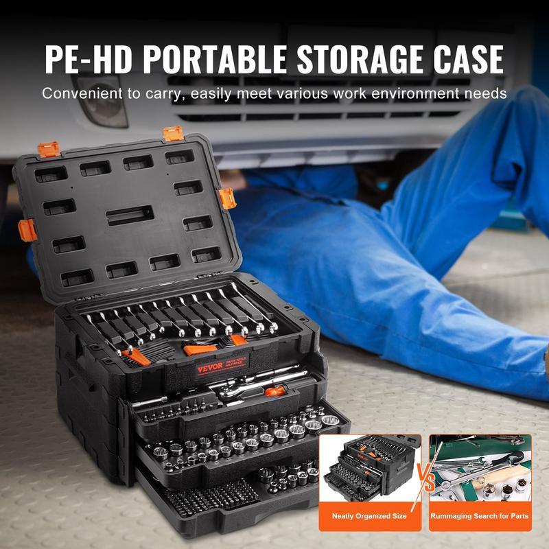 Mechanics Tool Set and Socket Set, 1/4" 3/8" 1/2" Sockets, 450 Pcs SAE & Metric Tools, Storage Case, Accessorie