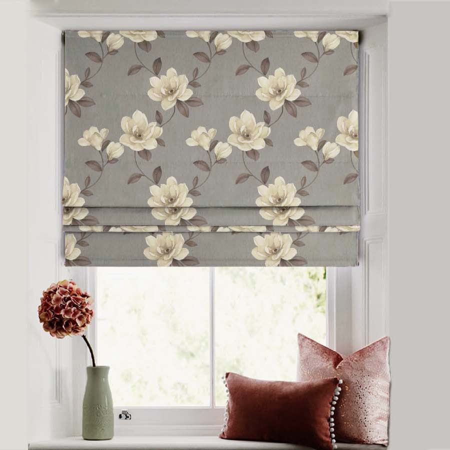 Floral Flock Floral Slate Grey Satin Roman Blind (DS129A)