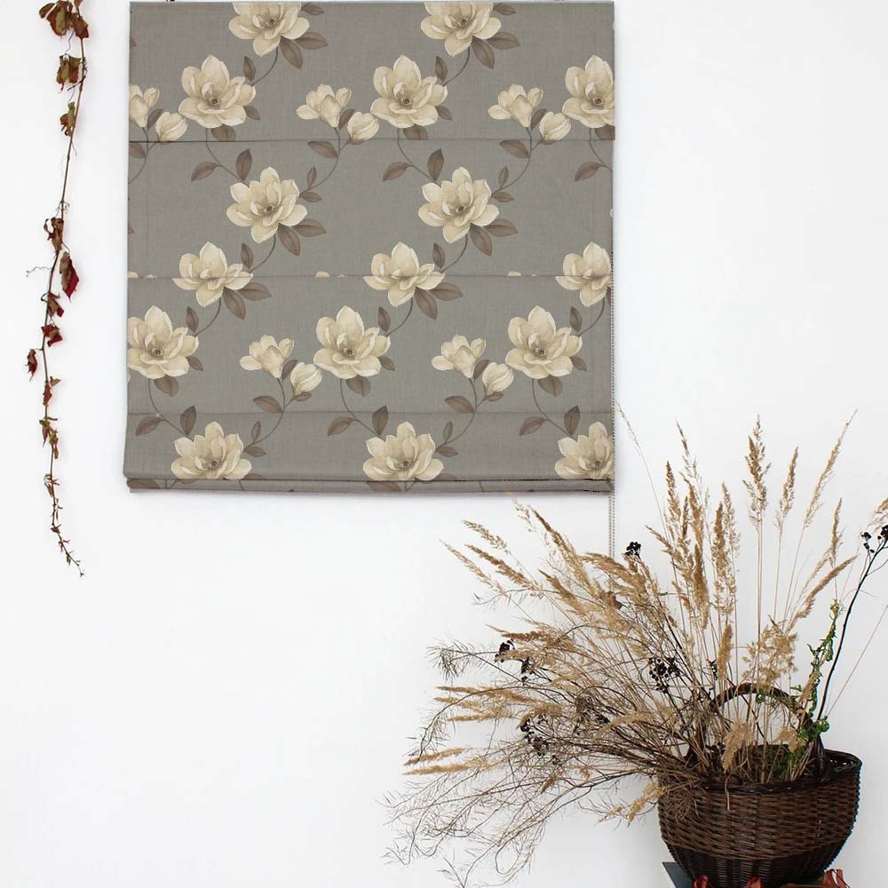 Floral Flock Floral Slate Grey Satin Roman Blind (DS129A)