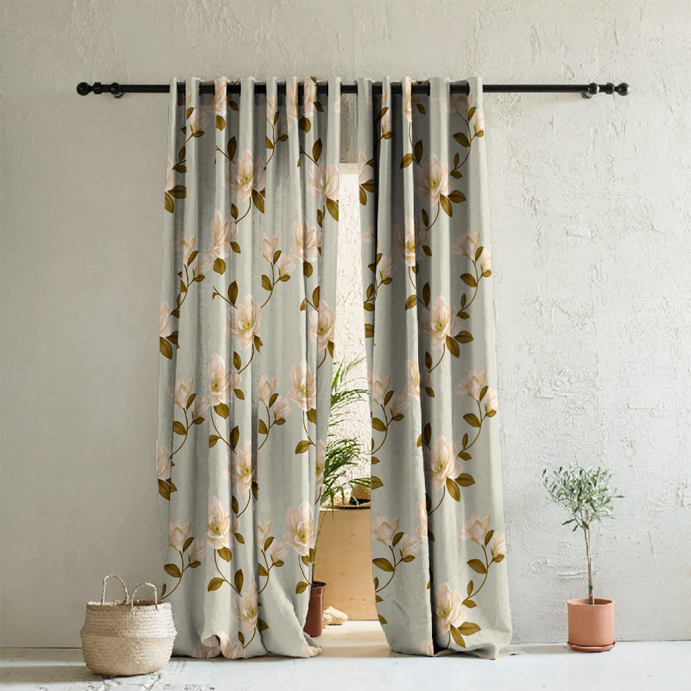 Floral Flock Floral Tan Beige Heavy Satin Room Darkening Curtains Set Of 2 - (DS129E)