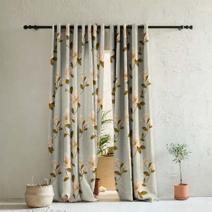Floral Flock Floral Tan Beige Heavy Satin Room Darkening Curtains Set Of 2 - (DS129E)