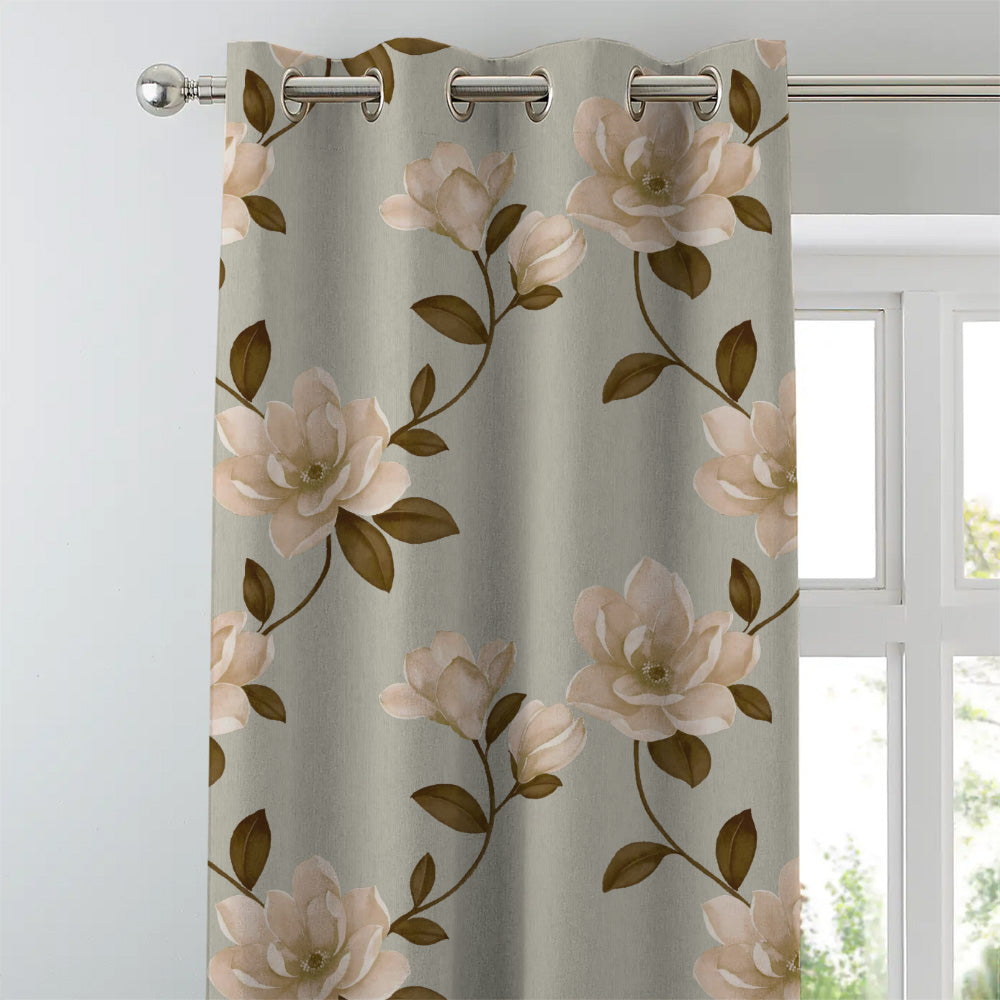Floral Flock Floral Tan Beige Heavy Satin Blackout curtains Set Of 2 - (DS129E)