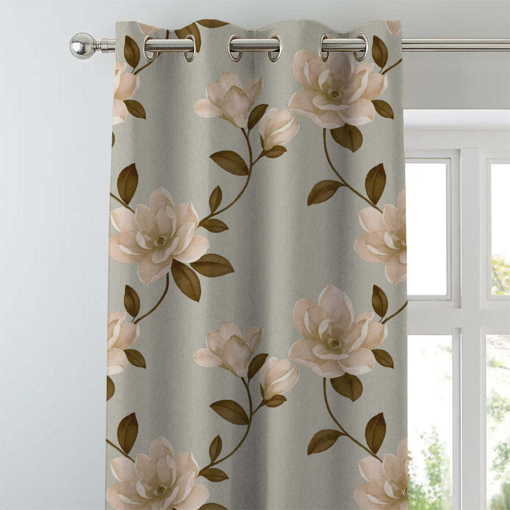 Floral Flock Floral Tan Beige Heavy Satin Blackout curtains Set Of 2 - (DS129E)