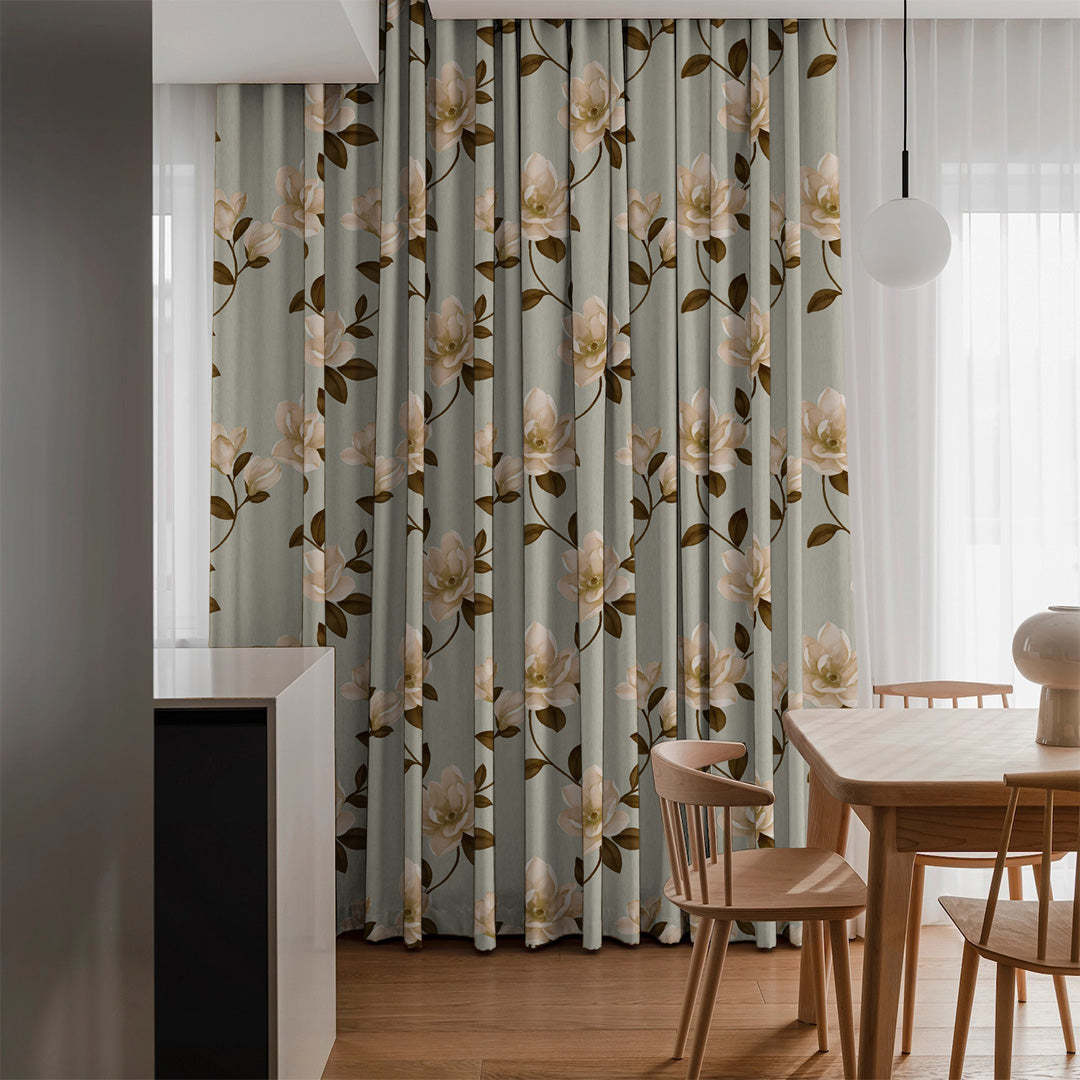 Floral Flock Floral Tan Beige Heavy Satin Blackout curtains Set Of 2 - (DS129E)