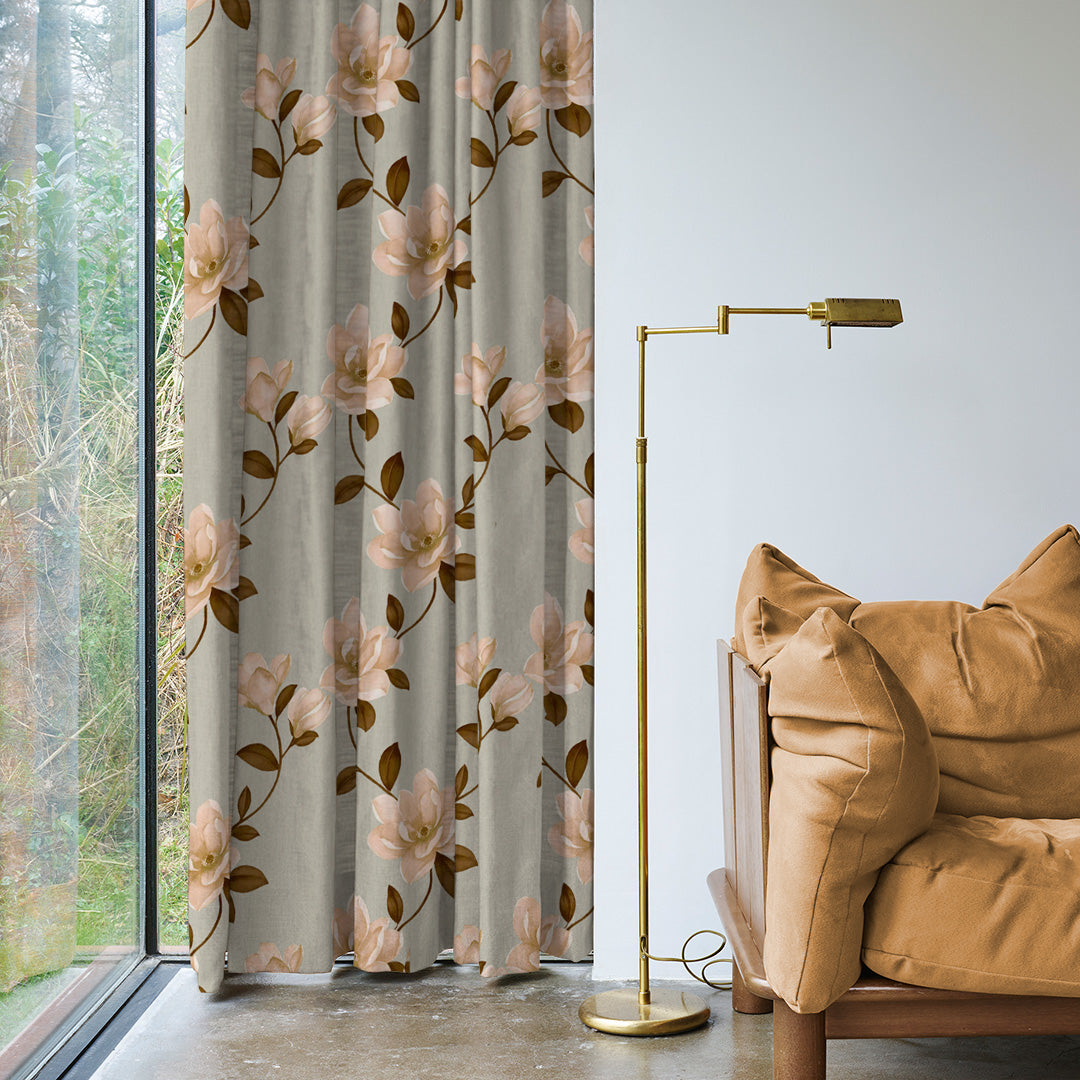 Floral Flock Floral Tan Beige Heavy Satin Blackout curtains Set Of 2 - (DS129E)