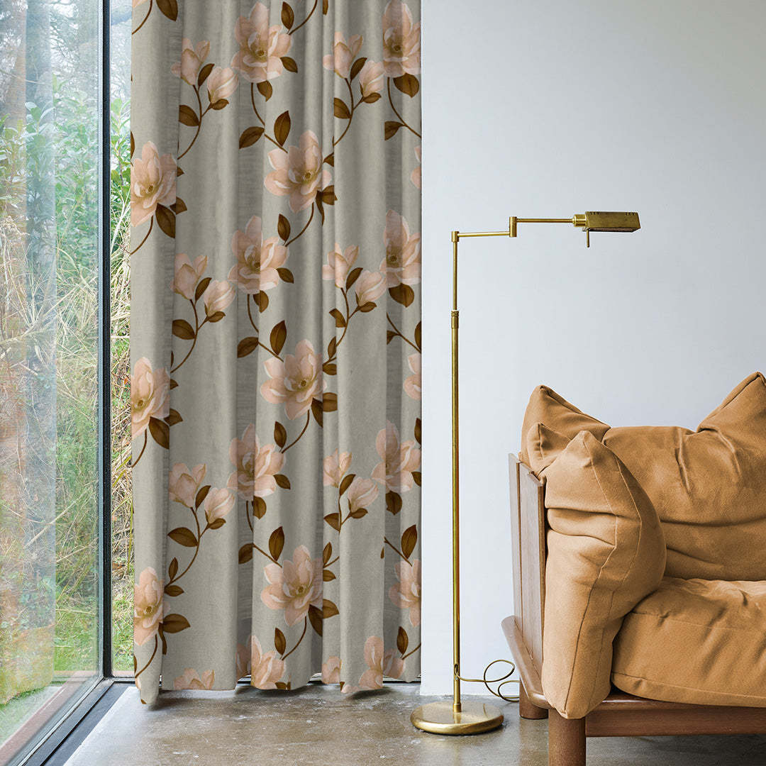 Floral Flock Floral Tan Beige Heavy Satin Blackout curtains Set Of 2 - (DS129E)