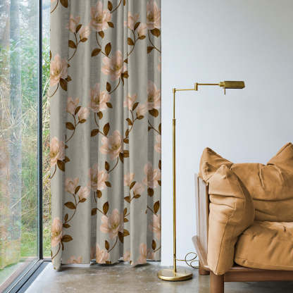 Floral Flock Floral Tan Beige Heavy Satin Blackout curtains Set Of 2 - (DS129E)