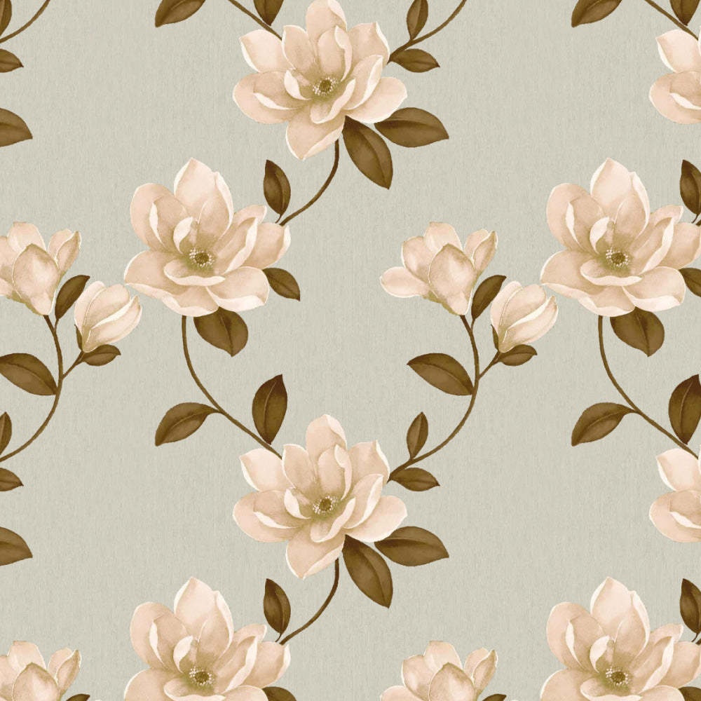 Floral Flock Floral Tan Beige Heavy Satin Blackout curtains Set Of 2 - (DS129E)