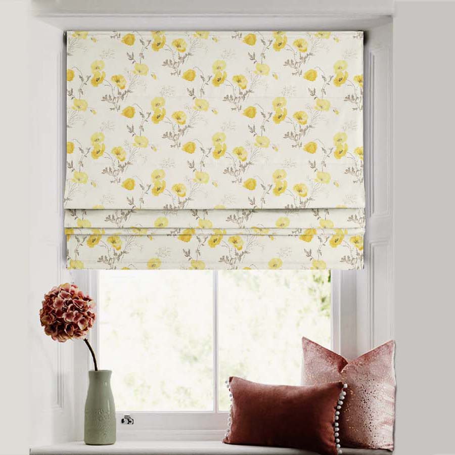 Poppy Meadow Floral Yellow Satin Roman Blind (DS133A)