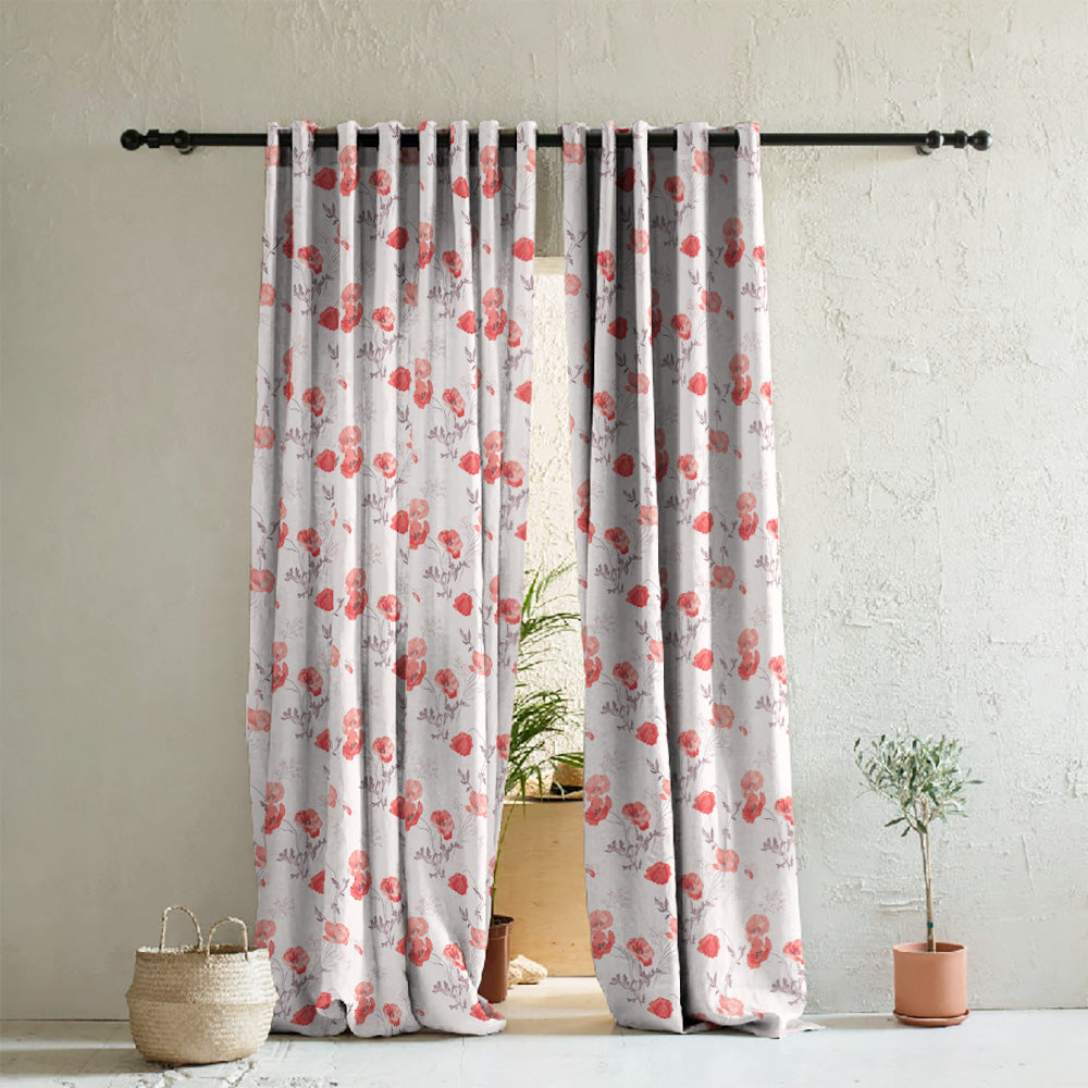 Poppy Meadow Floral Red Heavy Satin Room Darkening Curtains Set Of 2 - (DS133C)