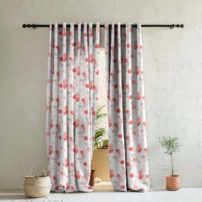 Poppy Meadow Floral Red Heavy Satin Room Darkening Curtains Set Of 2 - (DS133C)