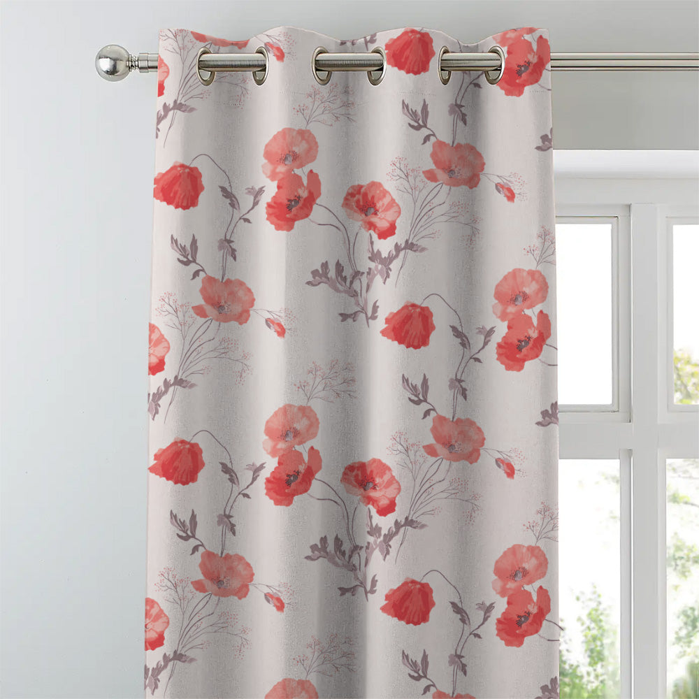 Poppy Meadow Floral Red Heavy Satin Room Darkening Curtains Set Of 2 - (DS133C)