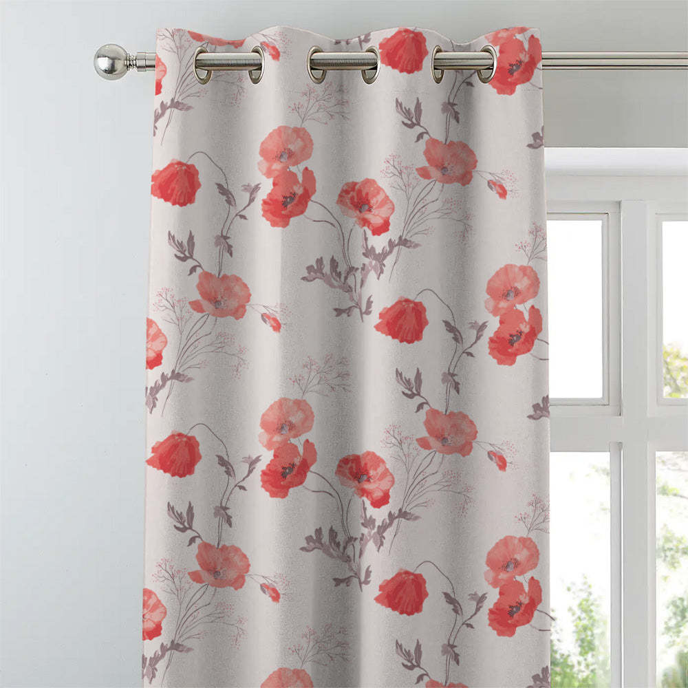 Poppy Meadow Floral Red Heavy Satin Room Darkening Curtains Set Of 2 - (DS133C)