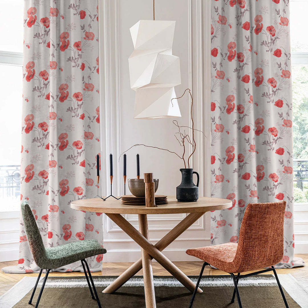 Poppy Meadow Floral Red Heavy Satin Room Darkening Curtains Set Of 2 - (DS133C)