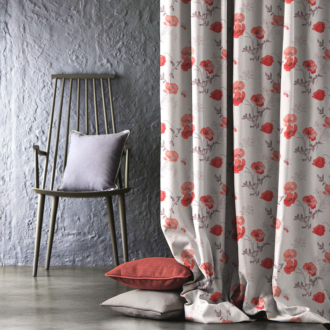 Poppy Meadow Floral Red Heavy Satin Room Darkening Curtains Set Of 2 - (DS133C)