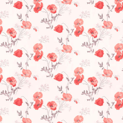 Poppy Meadow Floral Red Heavy Satin Room Darkening Curtains Set Of 2 - (DS133C)