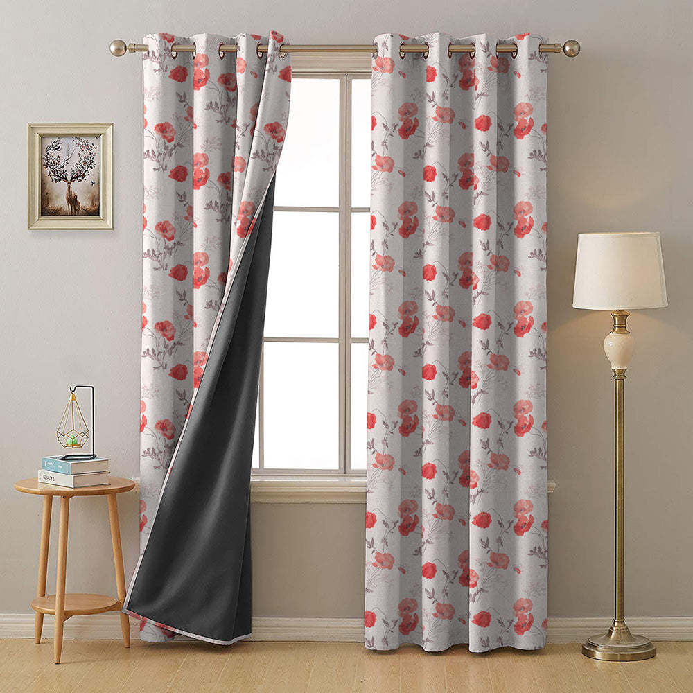 Poppy Meadow Floral Red Heavy Satin Room Darkening Curtains Set Of 2 - (DS133C)