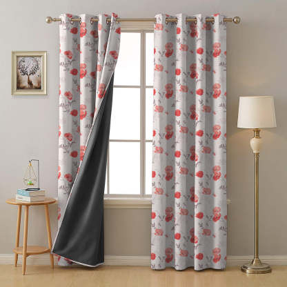 Poppy Meadow Floral Red Heavy Satin Room Darkening Curtains Set Of 2 - (DS133C)