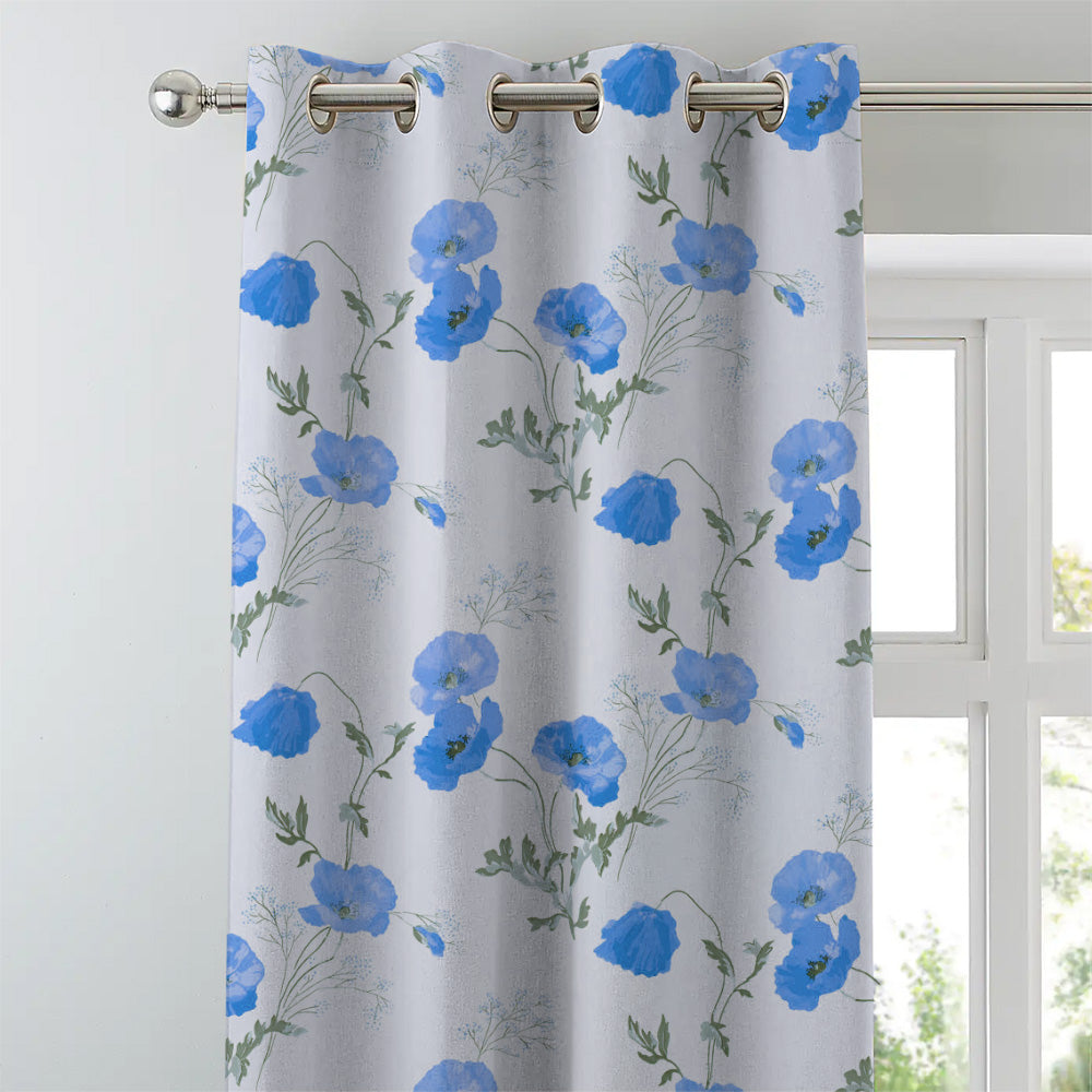 Poppy Meadow Floral Blue Heavy Satin Blackout curtains Set Of 2 - (DS133E)