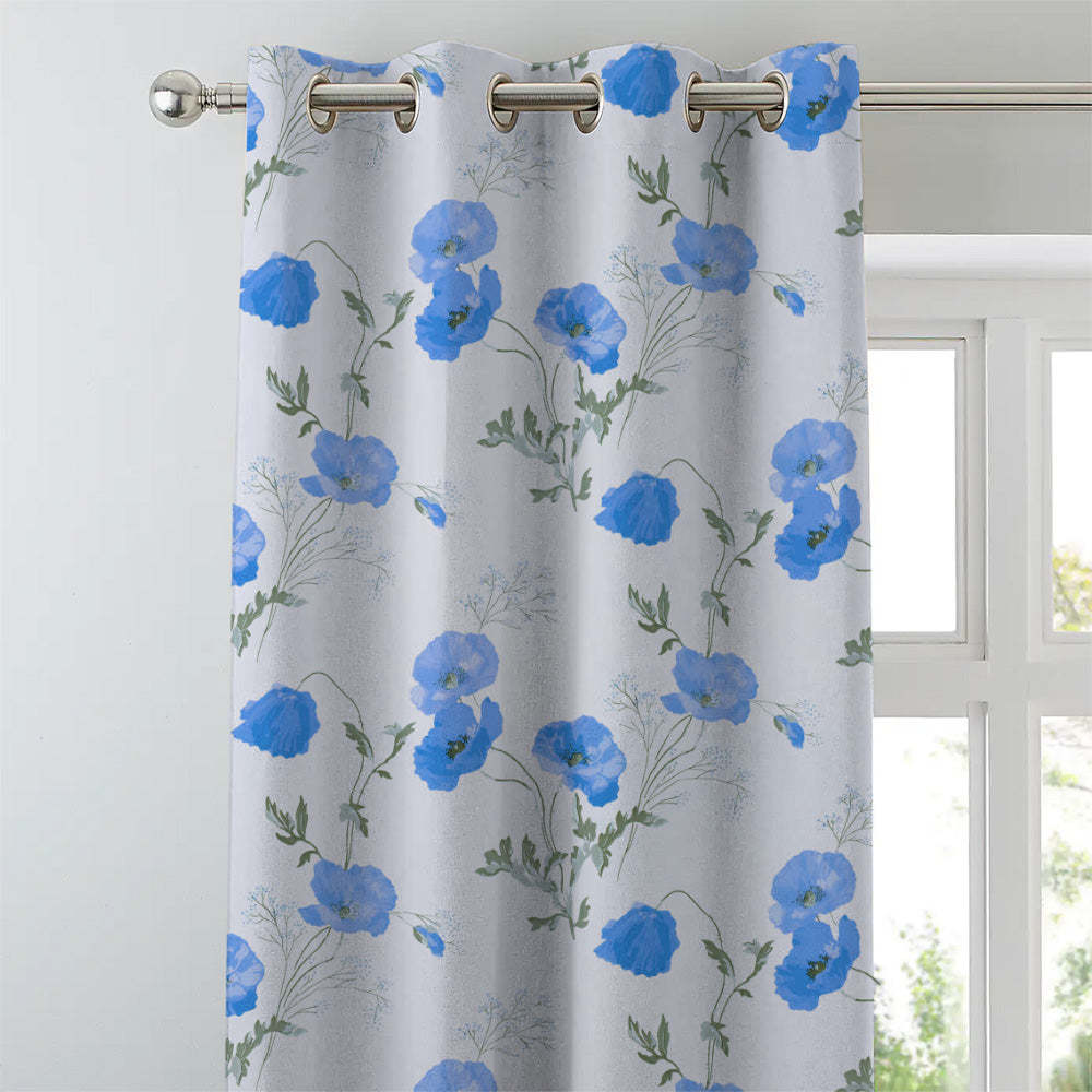 Poppy Meadow Floral Blue Heavy Satin Blackout curtains Set Of 2 - (DS133E)