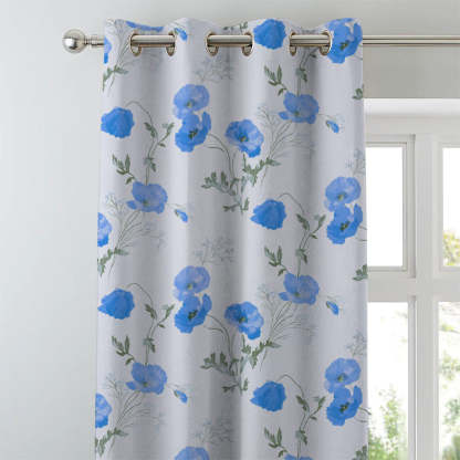 Poppy Meadow Floral Blue Heavy Satin Blackout curtains Set Of 2 - (DS133E)