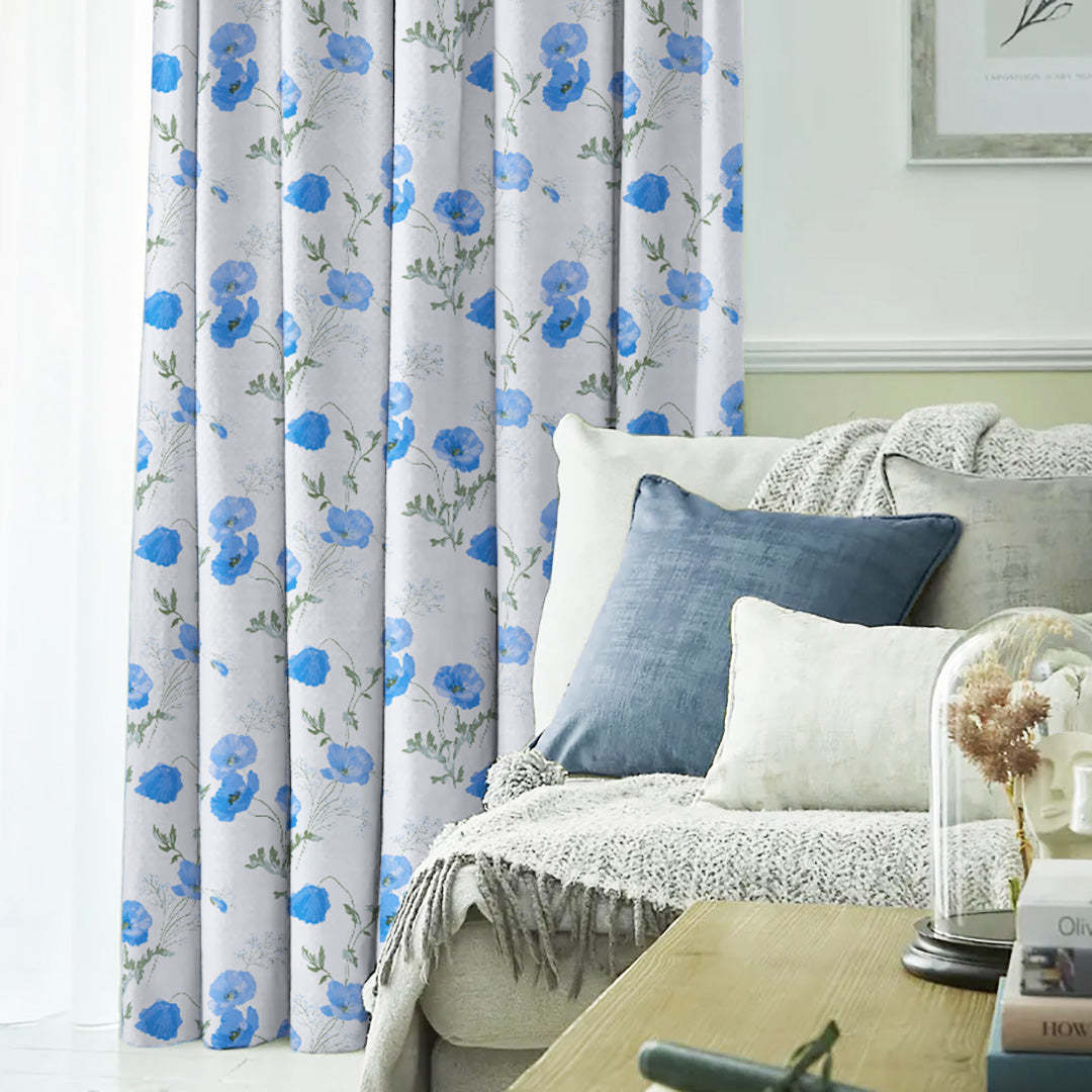 Poppy Meadow Floral Blue Heavy Satin Blackout curtains Set Of 2 - (DS133E)