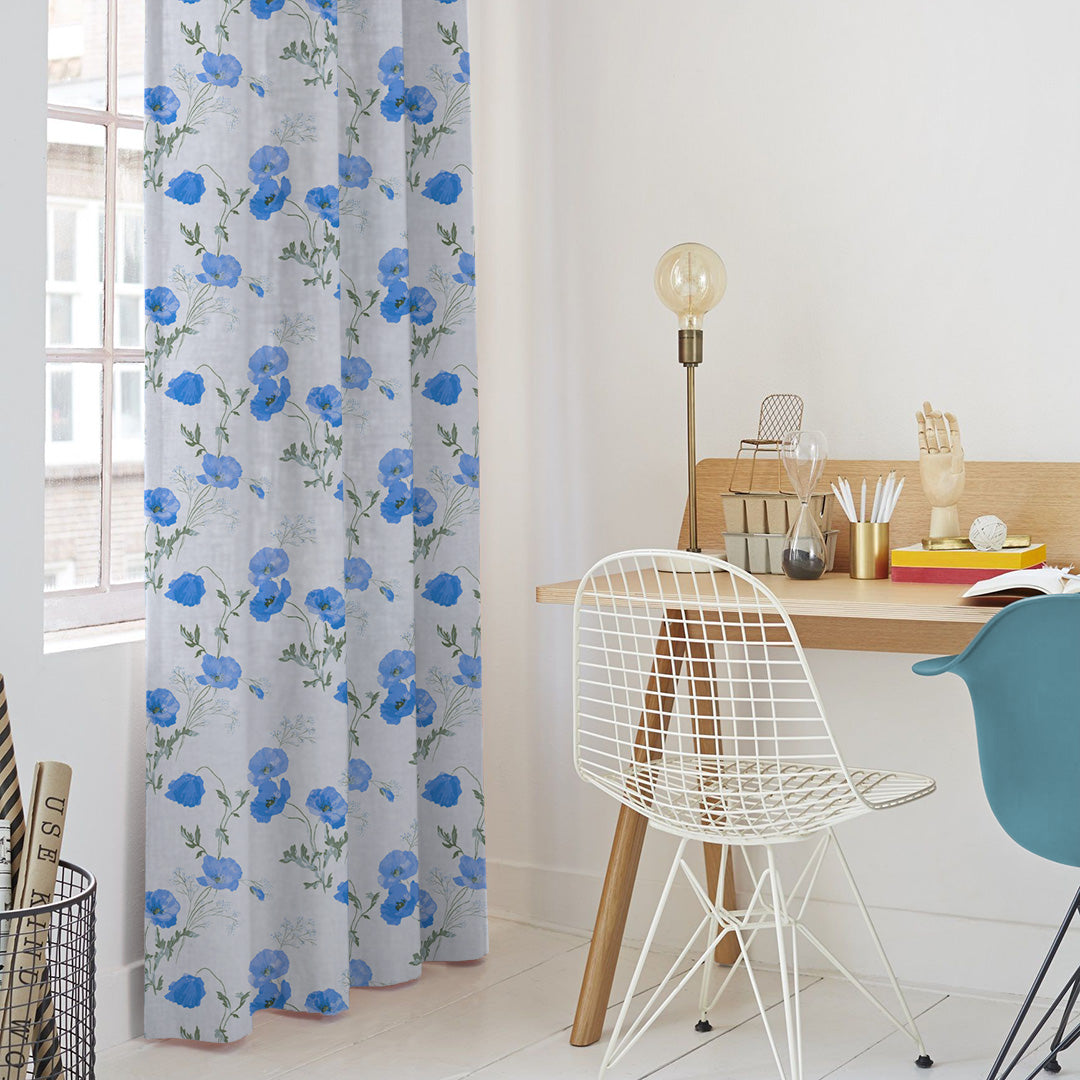 Poppy Meadow Floral Blue Heavy Satin Blackout curtains Set Of 2 - (DS133E)