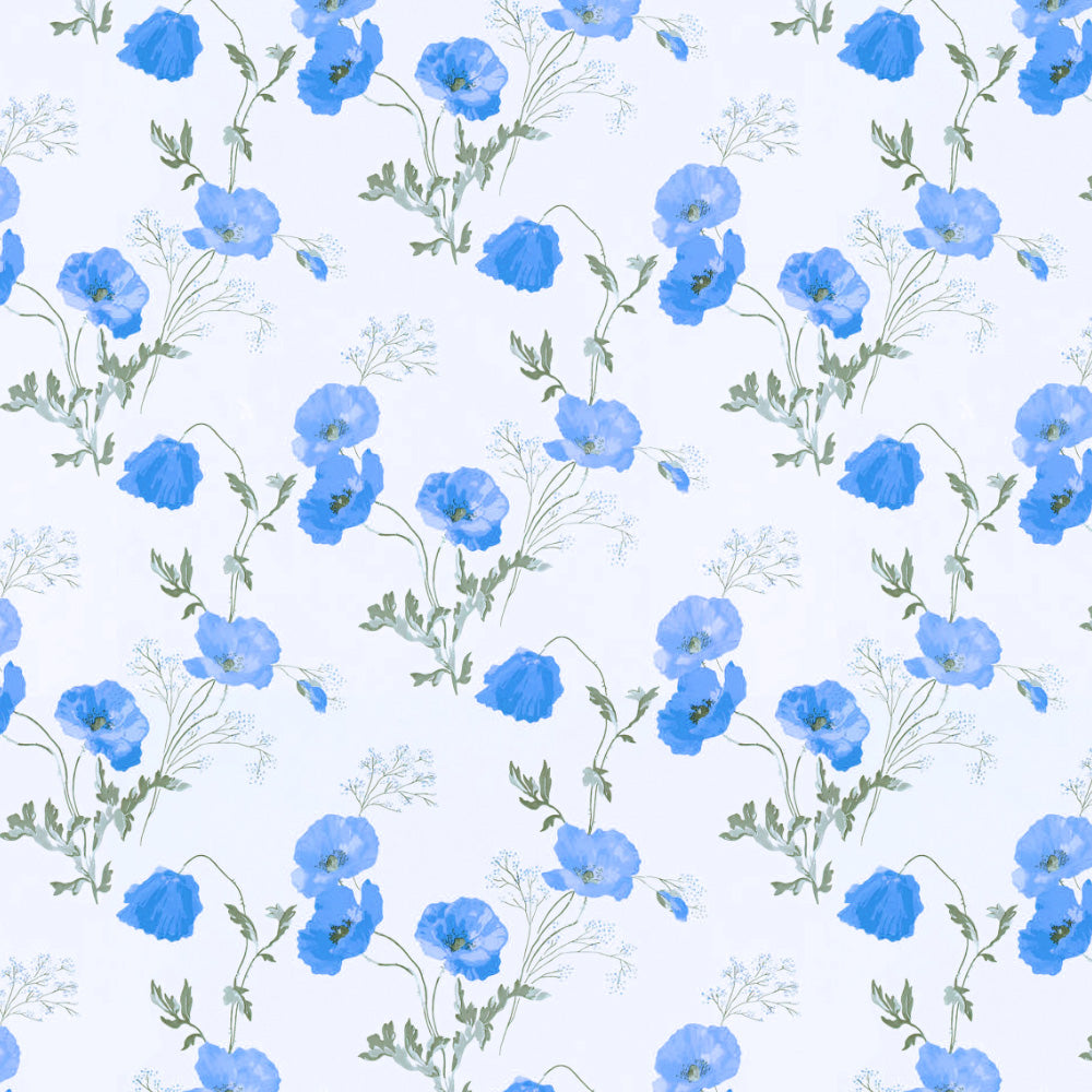 Poppy Meadow Floral Blue Heavy Satin Blackout curtains Set Of 2 - (DS133E)