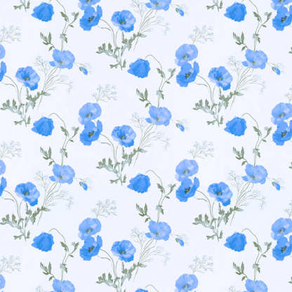 Poppy Meadow Floral Blue Heavy Satin Blackout curtains Set Of 2 - (DS133E)