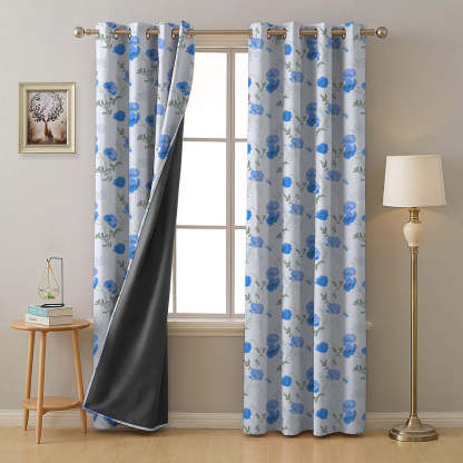 Poppy Meadow Floral Blue Heavy Satin Blackout curtains Set Of 2 - (DS133E)
