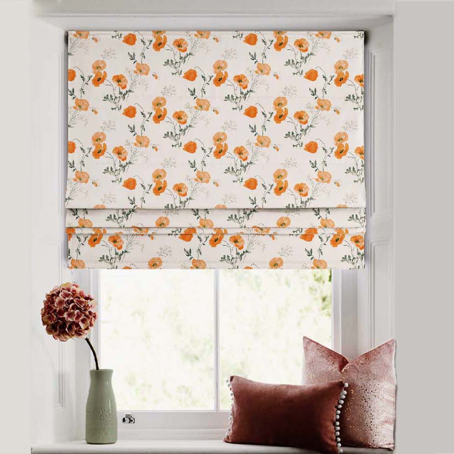 Poppy Meadow Floral Orange Satin Roman Blind (DS133F)