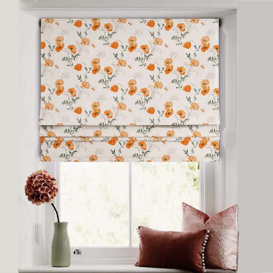 Poppy Meadow Floral Orange Satin Roman Blind (DS133F)