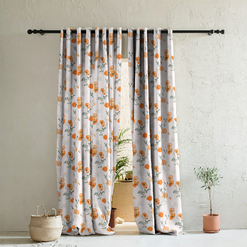 Poppy Meadow Floral Orange Heavy Satin Room Darkening Curtains Set Of 2 - (DS133F)