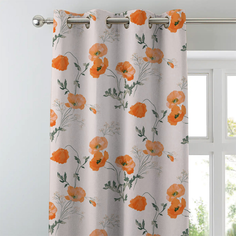 Poppy Meadow Floral Orange Heavy Satin Room Darkening Curtains Set Of 2 - (DS133F)