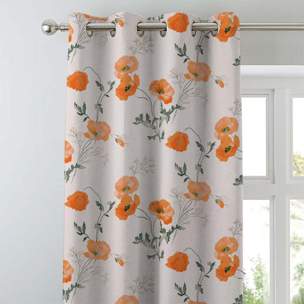 Poppy Meadow Floral Orange Heavy Satin Room Darkening Curtains Set Of 2 - (DS133F)