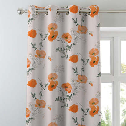 Poppy Meadow Floral Orange Heavy Satin Room Darkening Curtains Set Of 2 - (DS133F)