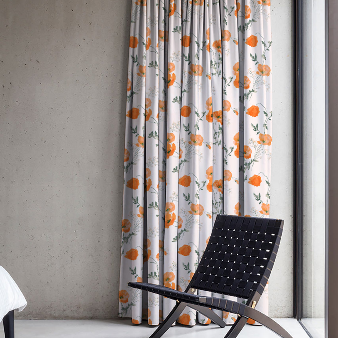 Poppy Meadow Floral Orange Heavy Satin Room Darkening Curtains Set Of 2 - (DS133F)