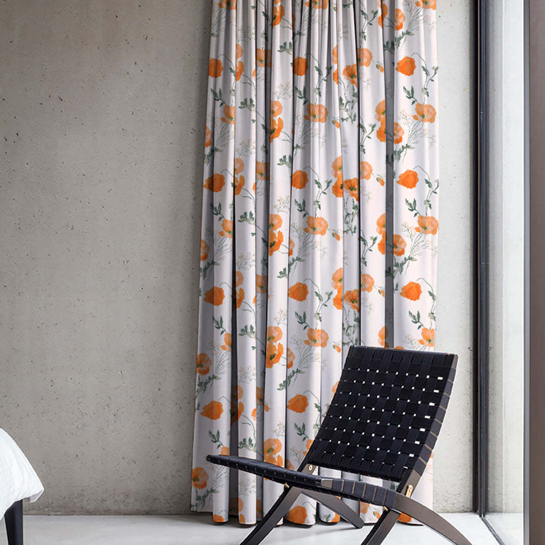 Poppy Meadow Floral Orange Heavy Satin Room Darkening Curtains Set Of 2 - (DS133F)