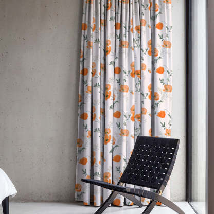 Poppy Meadow Floral Orange Heavy Satin Room Darkening Curtains Set Of 2 - (DS133F)
